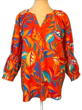 Spense Orange Tropical Print Blouse Size L Boho V-Neck High Low Tunic Top